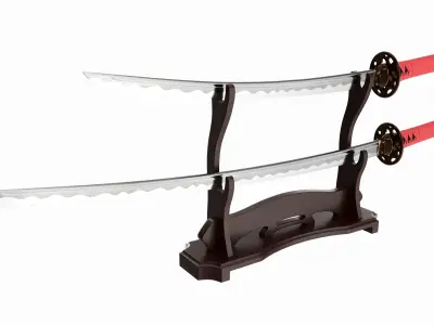 Japanese two sword Katana Wakizashi on a stand 3D model