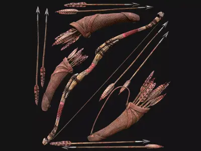 Wooden Bow and Quiver Medieval Archer Weapons Low-poly 3D model