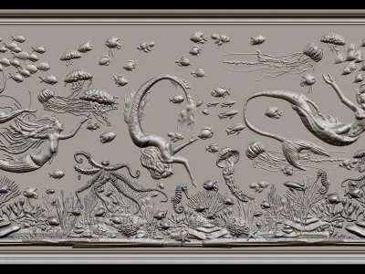Aquatic Mermaid Theme Panno v6 STL for CNC Relief engraving 3D model