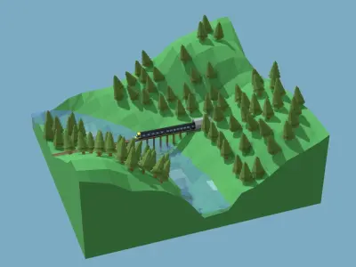 Train On Bridge Low Poly Scene Low-poly 3D model