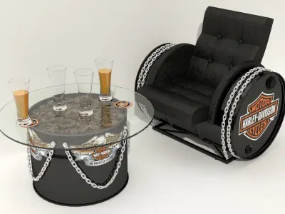 Armchair and table made of iron barrels with industrial decor 3D model