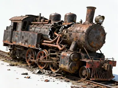 Realistic Wrecked Steam Locomotive 3D Model Low-poly 3D model