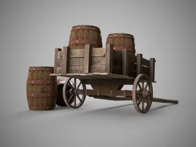 Low-poly 3D model collection of cart and wooden barrels Low-poly 3D model