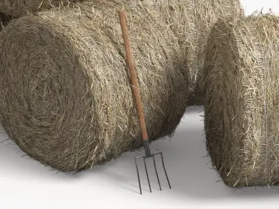 Round Hay Bales Stack with Pitchfork Golden Brown 3D model