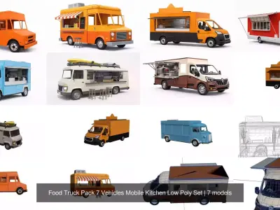 Food Truck Pack 7 Vehicles Mobile Kitchen Low Poly Set