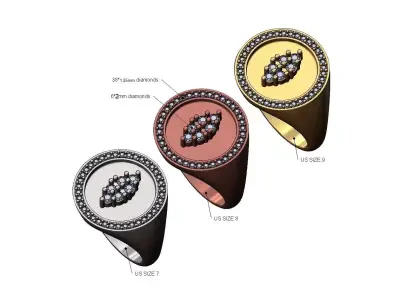 Cluster diamond halo round signet ring US sizes 7 8 9 3D print model