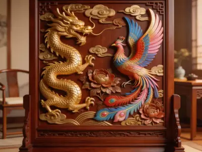 Antique Style Screen Dragon and Phoenix Bringing Prosperity 2 3D model