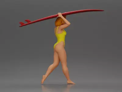woman in swimsuit carrying a red surfboard on her shoulders 3D print model