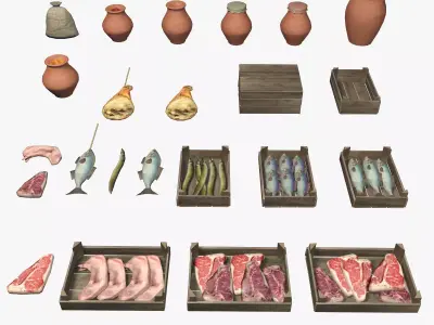 Medieval street markets props collection Low-poly 3D model