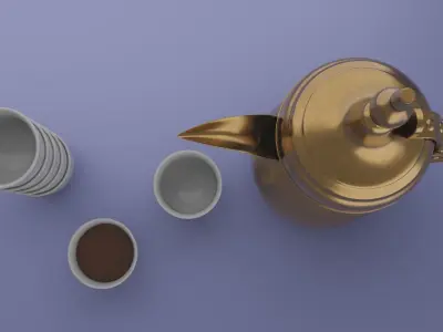 Dallah  golden Arabic coffee pot and Finjan cups 3D model