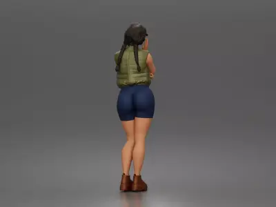 Thoughtful woman stands hand on cheek wearing vest shorts boots 3D print model