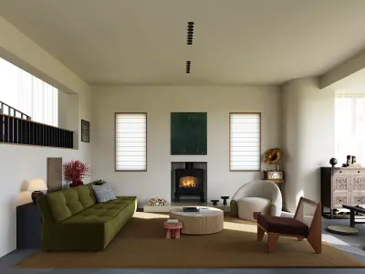 Creamy Vintage Villa Living and Dining Room Interior Scene 3D model