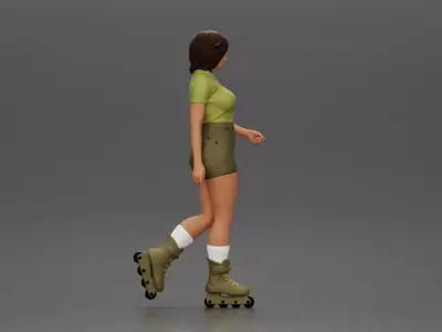 Woman in green outfit gliding smoothly on olive roller skates 3D print model