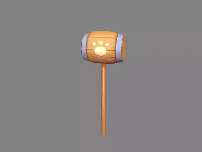 Cartoon wooden hammer with cat paw print  Low-poly 3D model