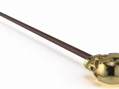 Skull Handle Cane Gold Wood 3D model