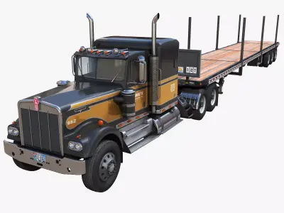 Kenworth W900A flatbed semitruck Low-poly 3D model