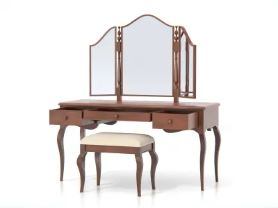 Antique Wooden Vanity Table with Tri-Fold Mirror and Stool Low-poly 3D model