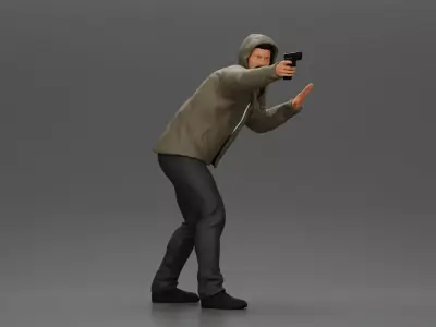 Man in hoodie pointing gun while raising hand in defensive 3D print model