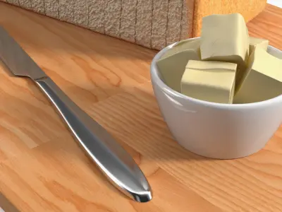 Slices of White Bread with Butter on Wooden Board 3D model