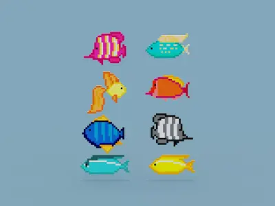Pixel Fish Collection Low-poly 3D model