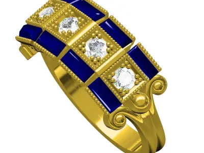 Antique Four Diamond and Baguette Stone Engagement Ring 3D print model