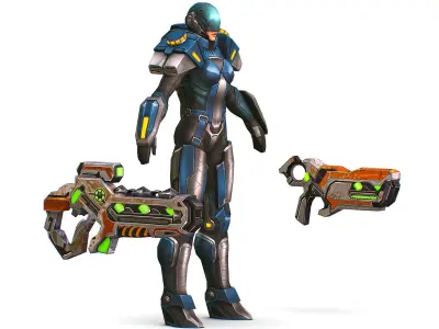 Low Poly Cyborg Soldier with Automatic Rifle and Pistol 3dsMax  Low-poly 3D model