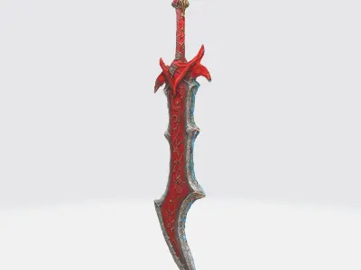 A red fantasy sword with a sharp blade and ornate hilt 3D model