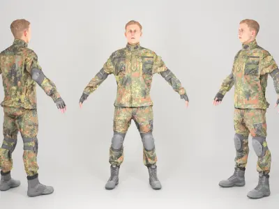 Young German soldier in uniform in A-pose 144 Low-poly 3D model
