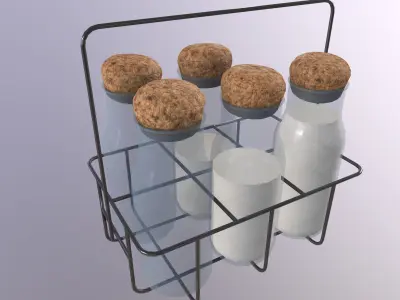 Vintage Dairy Delights Milk Bottles in a Metal Basket Low-poly 3D model