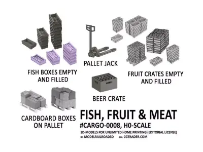 CARGO-0008 Fish Fruit and Meat boxes H0-scale 23 items 3D print model