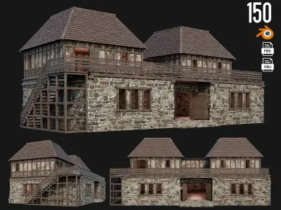 4 Old Medieval House Pack 4K Textures GameReady 149 to 152 Low-poly 3D model