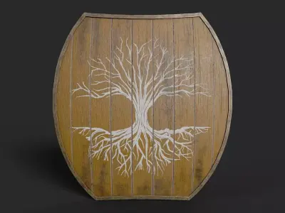 Slavic hybrid shield-painted orange with trees symbol Low-poly 3D model