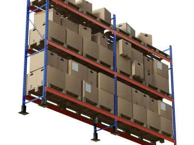 Metal Shelf Pallet Rack And Cardboard Boxes 3D model