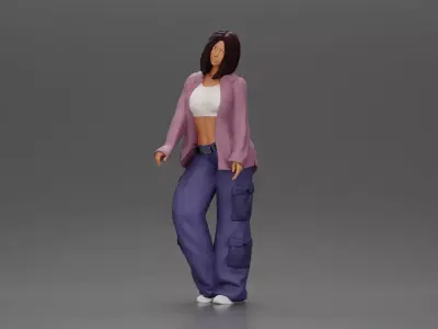 Skater girl wearing crop top cargo pants relaxed pose 3D print model