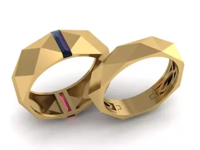 triangular couple ring with two different colors gem stones 3D print model