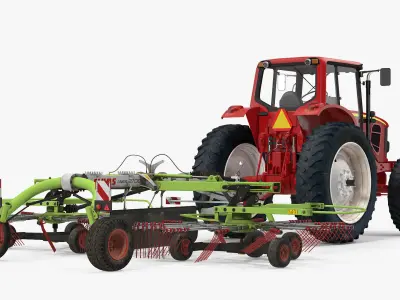 Tractor with Used Twin Rotor Rake Claas Liner 2700 Rigged 3D model