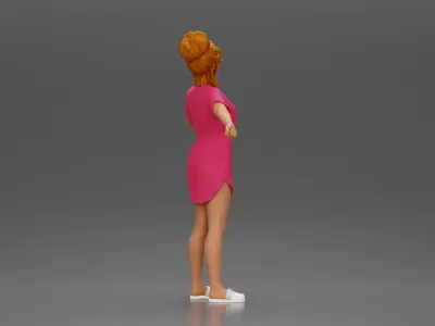 Woman in pink dress dancing joyfully with raised arms sideways 3D print model