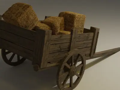 Low Poly Cart wooden wagon with bales of hay Low-poly 3D model