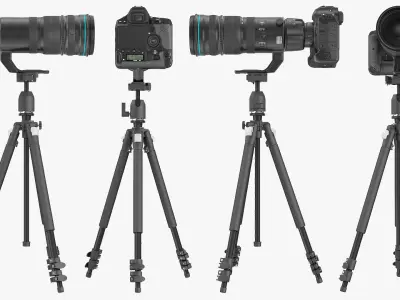 DSLR Cameras with Zoom on Tripod Collection 3D model