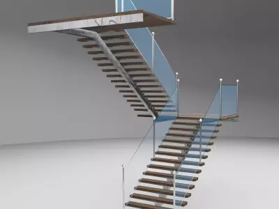 Stairs wooden staircase with glass railings 3D model