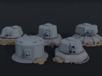 Cartoon Dieselpunk  gun turrets Polygonal Style Low-poly 3D model