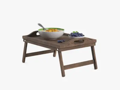 Bowl of Corn Flakes with Milk and Blueberries on Bed Tray 3D model