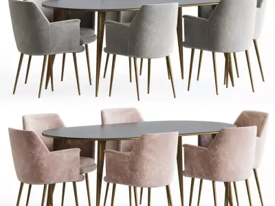 Dining Set two velvet chairs with gold legs 3D model