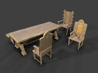 MedievalFurniture three wooden chairs and table Low-poly 3D model
