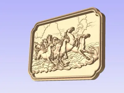 horses wooden plaque with riding in water 3D model