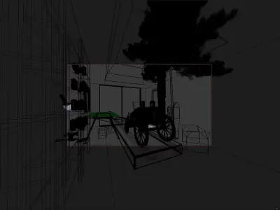 Steam cartoon locomotive in a glazed garage 3D model