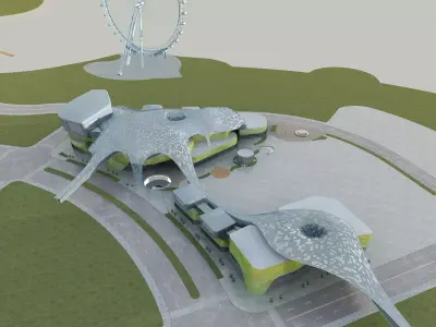 Architecture futuristic building with ferris wheel 3D model