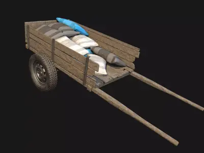 Low Poly PBR Wooden Cart with Sacks Low-poly 3D model