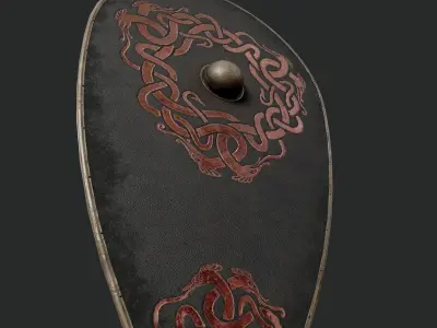 Slavic kite leather shield-painted black with uroboros symbol Low-poly 3D model
