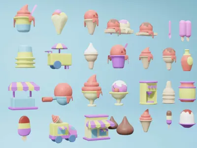 3d icons of many desserts object  in cartoon style 3D model